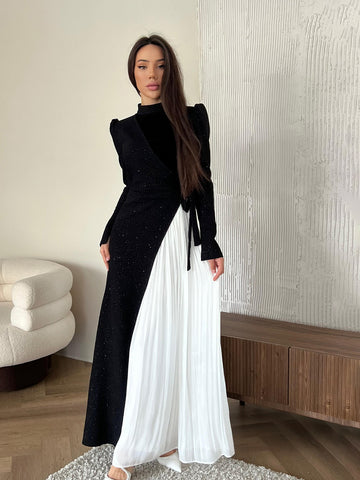 Woochic robe à manches longues deux-pièces col mi-haut plissé ourlet noir S